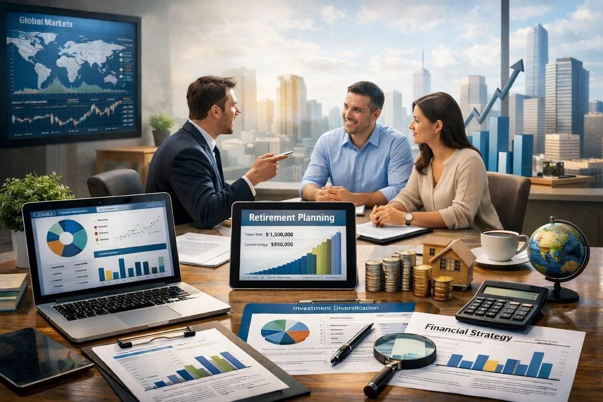 Retirement planning documents and calculator on a desk